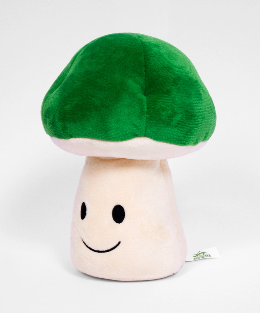 En mjuk plyschleksak formad som en gr&ouml;n svamp med en gr&auml;ddf&auml;rgad fot, som har ett enkelt broderat glatt ansikte.