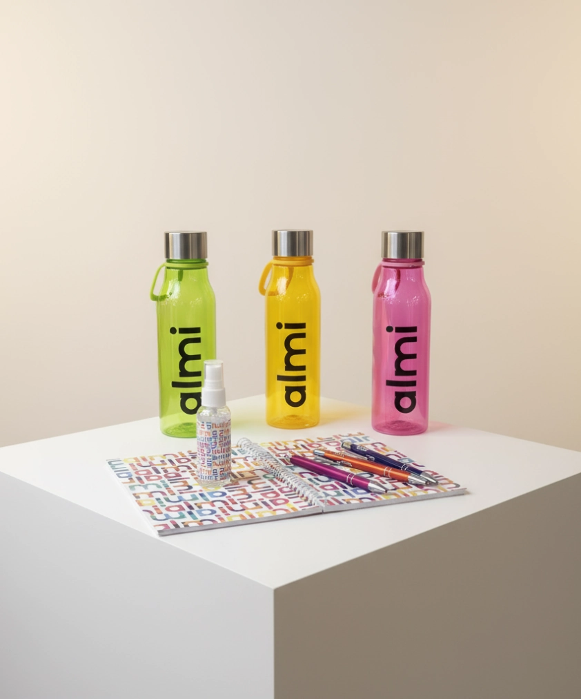 Almi-märkt merchandise: tre färgglada vattenflaskor, en mönstrad anteckningsbok, en sprayflaska och pennor.