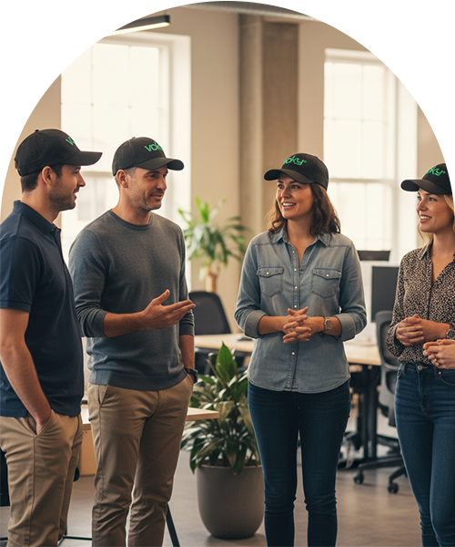 Fyra yrkesverksamma står och samtalar i ett modernt kontor, alla bär svarta kepsar med den gröna "voky"-logotypen.